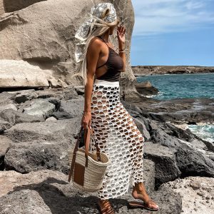 Women′s Cut out White Casual Long Skirt Beach Cover up