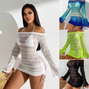Women′s Long Bell Sleeve Mesh Skirt off Shoulder Cover up Three Pieces Swimsuits