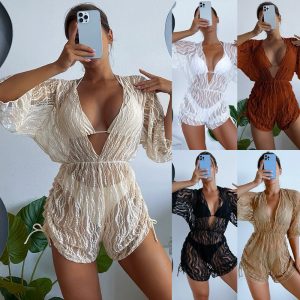 Women′s Long Sleeve Mesh V Neck Drawing Cover up with Swimsuits