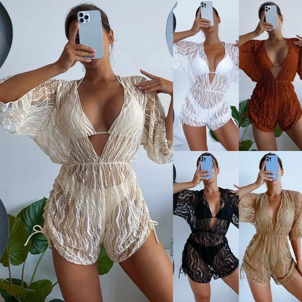 Women′s Long Sleeve Mesh V Neck Drawing Cover up with Swimsuits