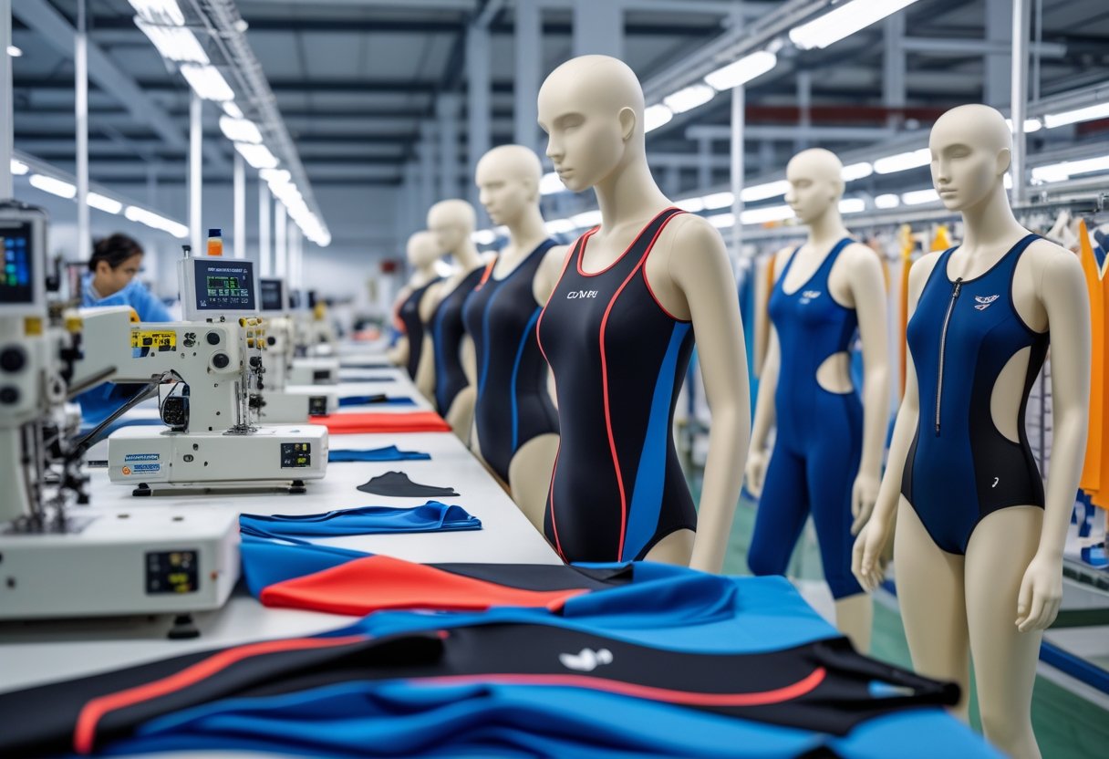 Workers in a factory producing performance bodysuits and racing cut swimwear, with mannequins displaying finished swimwear and sewing machines in use.