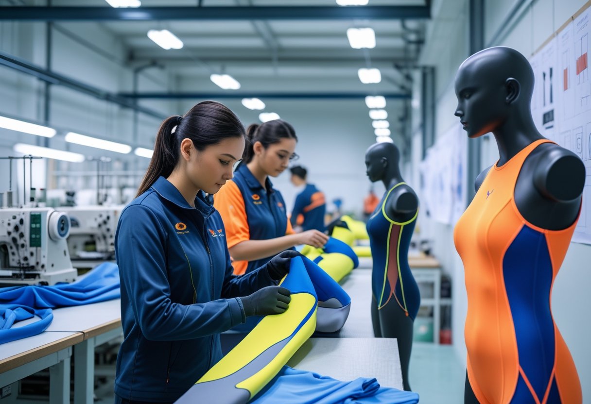 Workers inspecting and handling custom racing cut bodysuits and swimwear in a clean manufacturing facility with sewing machines and mannequins displaying athletic apparel.